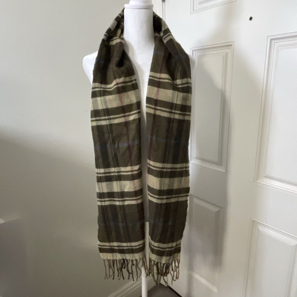 Italy Design Cashmere Viscose Blend Plaid Fringed Scarf Brown/Beige Sz 66" x 12" - Picture 2 of 5